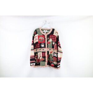 Vintage Y2K 2000 Womens Small Checkered Christmas Knit Button Cardigan Sweater
